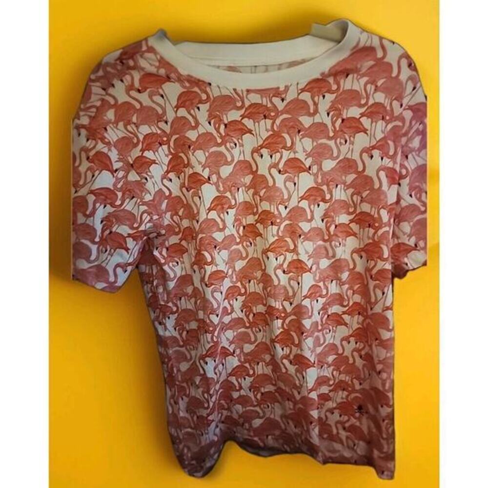 Nick Graham‎ All Over Print Pink Flamingo T-Shirt Sz Small Salmon White A129